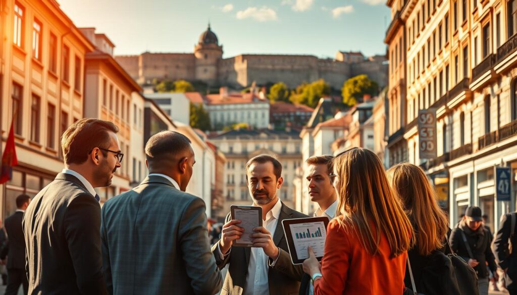 A bustling city street in Belgrade, Serbia, bathed in warm, golden sunlight. In the foreground, a group of businesspeople engaged in a lively discussion, gesturing animatedly as they review market research data displayed on their tablets. The middle ground features a mix of modern office buildings and traditional architecture, reflecting the blend of old and new in the Serbian business landscape. In the background, the iconic Belgrade Fortress stands proud, a symbol of the country's rich history and economic resilience. The scene conveys a sense of energy, opportunity, and the strategic planning required to navigate the Serbian investment landscape successfully. A bustling city street in Belgrade, Serbia, bathed in warm, golden sunlight. In the foreground, a group of businesspeople engaged in a lively discussion, gesturing animatedly as they review market research data displayed on their tablets. The middle ground features a mix of modern office buildings and traditional architecture, reflecting the blend of old and new in the Serbian business landscape. In the background, the iconic Belgrade Fortress stands proud, a symbol of the country's rich history and economic resilience. The scene conveys a sense of energy, opportunity, and the strategic planning required to navigate the Serbian investment landscape successfully.