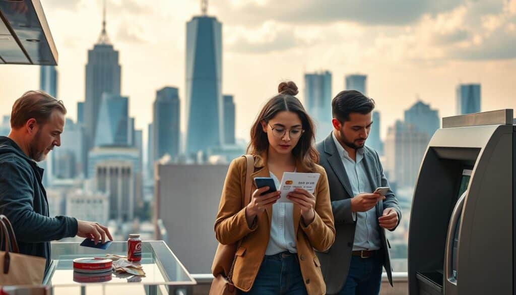 A bustling cityscape, with skyscrapers and office buildings in the background. In the foreground, three individuals are engaged in various everyday cashback-related activities - a person swiping a credit card at a store checkout, another reviewing their monthly statement on a smartphone, and a third withdrawing cash from an ATM. The lighting is natural, with a warm, inviting tone. The composition is balanced, with the figures positioned strategically to showcase the diverse applications of cashback rewards. The overall mood is one of financial empowerment and convenience.