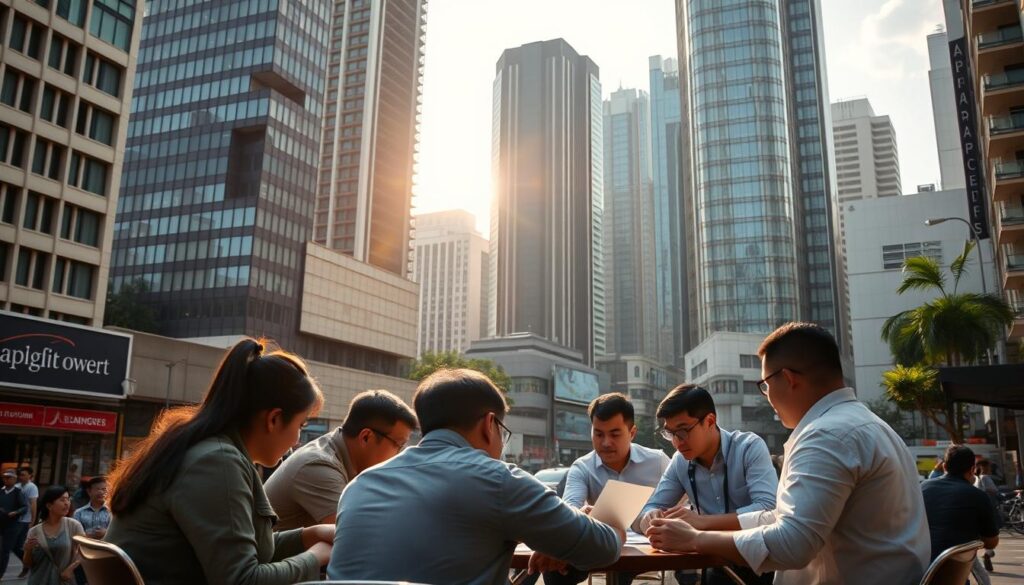 A bustling financial district in the heart of Manila, the Philippines. Towering skyscrapers cast long shadows over a vibrant street scene below. In the foreground, a group of Filipino professionals huddle around a table, deep in discussion about budgeting techniques - from spreadsheets and digital tools to traditional envelope systems. The mood is one of focused determination, as they navigate the nuances of effective money management for the Filipino lifestyle. Warm sunlight filters through the scene, illuminating the diversity of the participants and the importance of their task. A sense of community and shared purpose pervades the image, reflecting the resilience and financial savvy of the Filipino people.