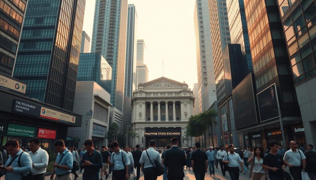 A bustling financial district in the heart of Manila, the Philippines. Towering skyscrapers and modern high-rises stand tall, casting long shadows across the busy streets below. In the foreground, investors and traders hurry to and fro, briefcases in hand, eyes fixed on their smartphones as they navigate the flow of stock tickers and exchange rates. The air is thick with a sense of determined optimism, as the nation's economy continues to grow and flourish. In the middle ground, a grand, classical-style building houses the Philippine Stock Exchange, its ornate facade a symbol of the country's financial might. The background is bathed in a warm, golden light, hinting at the abundance of opportunity that lies ahead for those who embrace a buy-and-hold strategy in this dynamic, rapidly-evolving market.