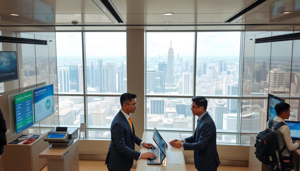 A bustling international money transfer office, with a sleek and modern interior. The foreground features a customer service counter, where a friendly bank employee assists a well-dressed individual in the process of a cross-border transaction. The middle ground showcases a series of digital displays and information panels, providing up-to-date exchange rates and transfer details. In the background, a panoramic view of a vibrant cityscape, with towering skyscrapers and a glimpse of the bustling streets beyond. The overall atmosphere conveys a sense of efficiency, security, and global connectivity, reflecting the seamless nature of international money transfers.