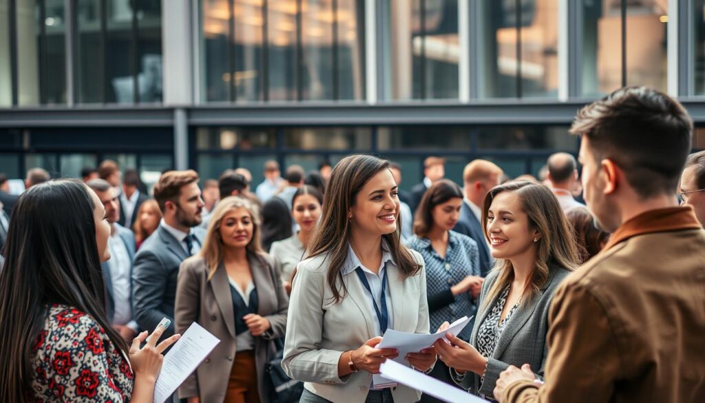 A bustling job market in Bulgaria, with a vibrant scene showcasing a diverse array of professionals engaged in lively negotiations. In the foreground, job seekers confidently present their skills and qualifications to potential employers, their expressions brimming with determination. The middle ground features a mix of formal and casual attire, reflecting the variety of industries and positions available. In the background, a modern office building with sleek architecture serves as the backdrop, conveying a sense of progress and opportunity. Soft, natural lighting illuminates the scene, creating a warm and inviting atmosphere that captures the essence of Bulgaria's evolving labor market.