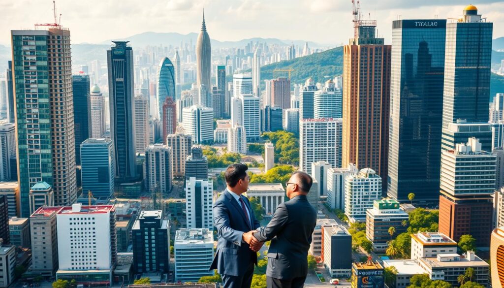 A bustling metropolis filled with towering skyscrapers, representing the economic growth and global investments that drive Thailand's economy. In the foreground, a diverse range of international business leaders shake hands, signifying the collaborative nature of foreign direct investment. The middle ground showcases modern office buildings and thriving industries, while the background features a lush, verdant landscape, hinting at the country's natural resources and sustainability initiatives. The scene is illuminated by warm, golden lighting, conveying a sense of prosperity and optimism. The overall composition emphasizes the interplay between international partnerships, domestic economic development, and Thailand's promising future.