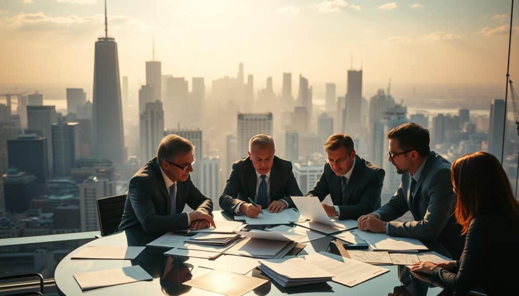 A bustling metropolis in the background, the skyscrapers and corporate towers casting long shadows across a vibrant city landscape. In the foreground, a group of business executives gathered around a conference table, deep in discussion. The lighting is warm and focused, highlighting the intensity of their expressions and the papers spread out before them. There's a sense of concentration and strategic planning, as they navigate the complexities of a rapidly changing economic environment. The mood is one of determination and adaptability, capturing the essence of a large corporation's efforts to stay ahead of the curve and thrive in turbulent times.