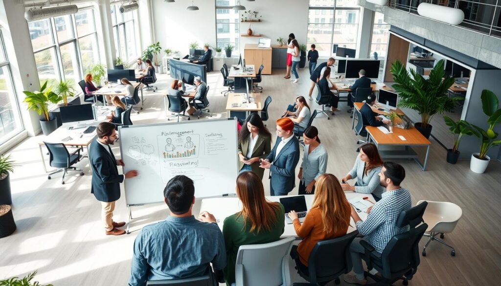 A bustling modern office with an open floor plan, showcasing a diverse and collaborative workforce. In the foreground, a team of employees gathered around a large whiteboard, brainstorming and discussing risk management strategies. The middle ground features a mix of desks, computers, and ergonomic chairs, creating an atmosphere of productivity and focus. In the background, floor-to-ceiling windows allow natural light to flood the space, complemented by minimalist decor and potted plants, conveying a sense of professionalism and well-being. The overall scene exudes a culture of open communication, trust, and a shared commitment to effective risk management practices.