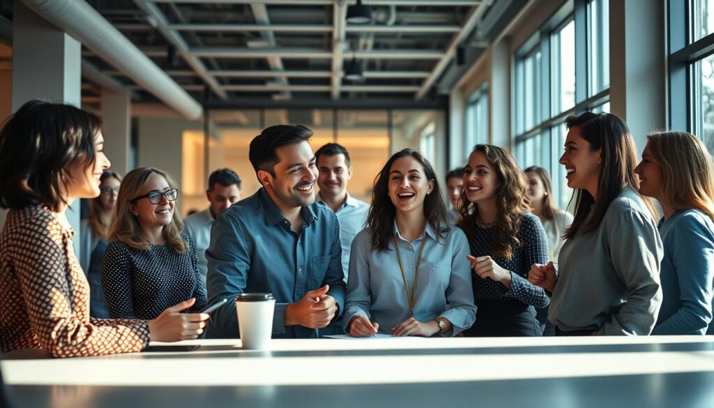 A bustling office scene, captured through the lens of a wide-angle camera. In the foreground, a group of people engage in animated discussions, their expressions reflecting the excitement of acquiring new clients. The middle ground features a sleek, modern workspace with clean lines and minimalist decor, conveying a sense of professionalism and efficiency. In the background, large windows flood the room with warm, natural light, creating a bright and welcoming atmosphere. The overall mood is one of productivity, collaboration, and the thrill of building a successful business. The image should convey the strategies and techniques involved in customer acquisition and the creation of brand loyalty.