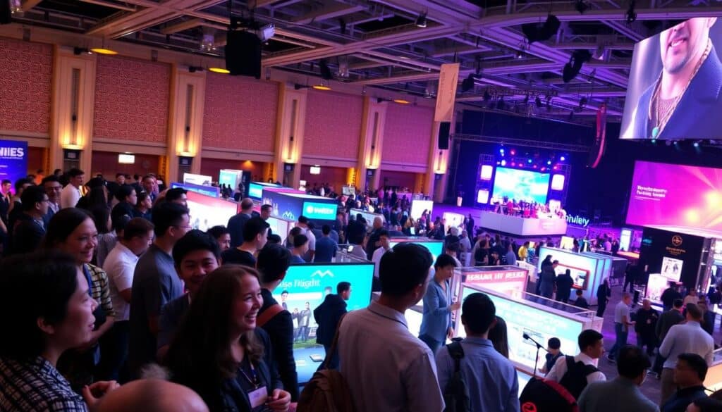A bustling offline event venue, bathed in warm, inviting lighting. In the foreground, a group of attendees engaged in lively discussions, their faces animated with enthusiasm. The middle ground showcases an array of interactive exhibition booths, tempting passersby to explore the latest offerings. In the background, a grand stage commands attention, hinting at the captivating presentations and performances to come. The atmosphere is one of excitement and anticipation, as the space comes alive with the energy of the gathered community.