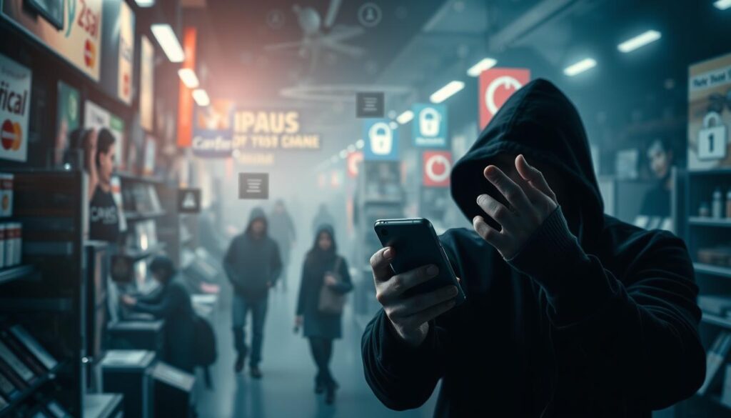 A bustling online marketplace, with various digital devices and financial transaction symbols scattered throughout the frame. In the foreground, a shadowy figure lurks, their hands reaching towards an unsuspecting victim's smartphone, symbolizing the threat of online fraud. The middle ground features a jumble of icons representing common online payment methods, credit cards, and security protocols, hinting at the complexities of modern digital commerce. The background is hazy, with a sense of unease and uncertainty, emphasizing the need for vigilance and protection against the growing menace of online scams. Dramatic lighting and a muted color palette create a sense of tension and urgency, urging the viewer to be cautious and informed when navigating the digital landscape.