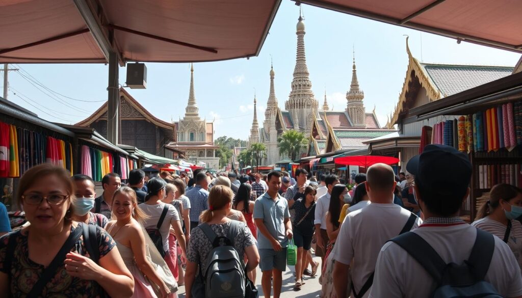 A bustling outdoor market in Thailand, filled with an array of international tourists exploring the vibrant stalls and local cuisine. Sunlight filters through the shaded canopy, casting a warm, inviting glow on the scene. In the foreground, a group of travelers from various nationalities browse the colorful displays of handicrafts and textiles, their faces exuding a sense of curiosity and wonder. In the middle ground, a lively interaction between vendors and customers unfolds, the exchange of languages and gestures contributing to the multicultural atmosphere. In the background, the iconic architecture of Thai temples and historic buildings provide a stunning backdrop, highlighting the country's rich cultural heritage. The overall composition conveys the energy and vitality of Thailand's thriving tourism industry, a key driver of the nation's economic recovery.