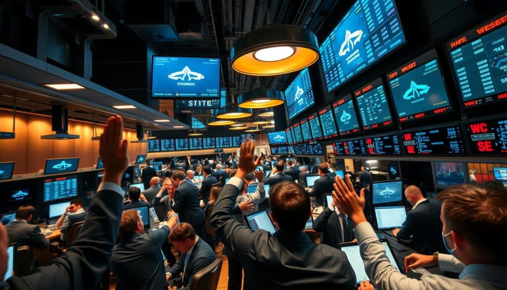 A bustling stock exchange floor, with brokers and traders engaged in lively aktiehandel (stock trading) activities. A wide-angle camera captures the scene from an elevated vantage point, showcasing the intricately choreographed dance of hands waving, phones ringing, and digital displays flashing real-time stock data. The atmosphere is one of focused intensity, with a sense of urgency and anticipation as deals are struck and fortunes rise and fall. The lighting is a mix of warm overhead lamps and the cool glow of computer screens, casting dramatic shadows across the faces of the participants. The image conveys the excitement and high-stakes nature of the aktiehandel experience, inviting the viewer to imagine themselves immersed in the dynamic world of stock trading.