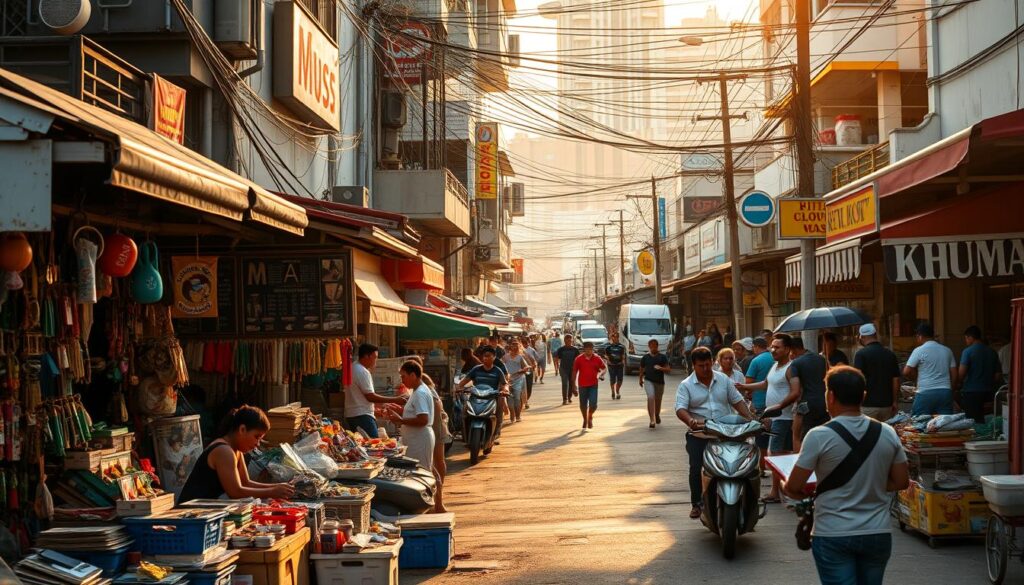 A bustling street in the Philippines, filled with a diverse array of side hustles. In the foreground, a vibrant outdoor market with stalls selling handmade crafts, local delicacies, and small electronics. In the middle ground, entrepreneurs offering services like car washing, mobile repairs, and street food vending. The background features a mix of residential and commercial buildings, with colorful signage and the hum of activity. Warm, golden sunlight filters through, casting a welcoming glow over the scene. The overall atmosphere conveys the enterprising spirit and resilience of the Filipino people as they seek to diversify their income sources. A bustling street in the Philippines, filled with a diverse array of side hustles. In the foreground, a vibrant outdoor market with stalls selling handmade crafts, local delicacies, and small electronics. In the middle ground, entrepreneurs offering services like car washing, mobile repairs, and street food vending. The background features a mix of residential and commercial buildings, with colorful signage and the hum of activity. Warm, golden sunlight filters through, casting a welcoming glow over the scene. The overall atmosphere conveys the enterprising spirit and resilience of the Filipino people as they seek to diversify their income sources.