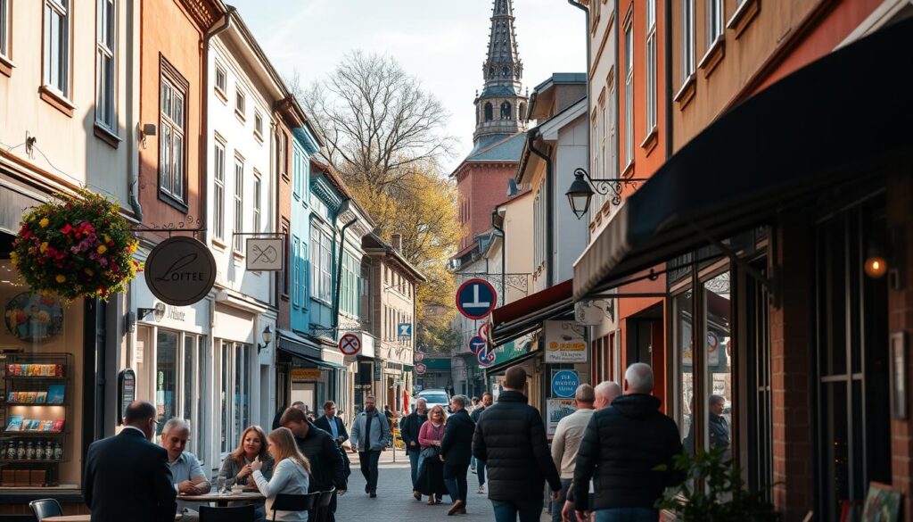 A bustling street scene in a Latvian town, showcasing the everyday life and local businesses. In the foreground, a group of people engaged in lively conversation outside a local café, the aroma of freshly brewed coffee filling the air. In the middle ground, a row of small shops and boutiques, their colorful facades and window displays reflecting the vibrant character of the neighborhood. In the background, a church spire rises, its ornate architecture a testament to the country's rich cultural heritage. The lighting is warm and natural, casting a soft glow over the scene, creating a sense of comfort and familiarity. The overall mood is one of a thriving community, where local residents and visitors alike can appreciate the unique charm of this Latvian setting.