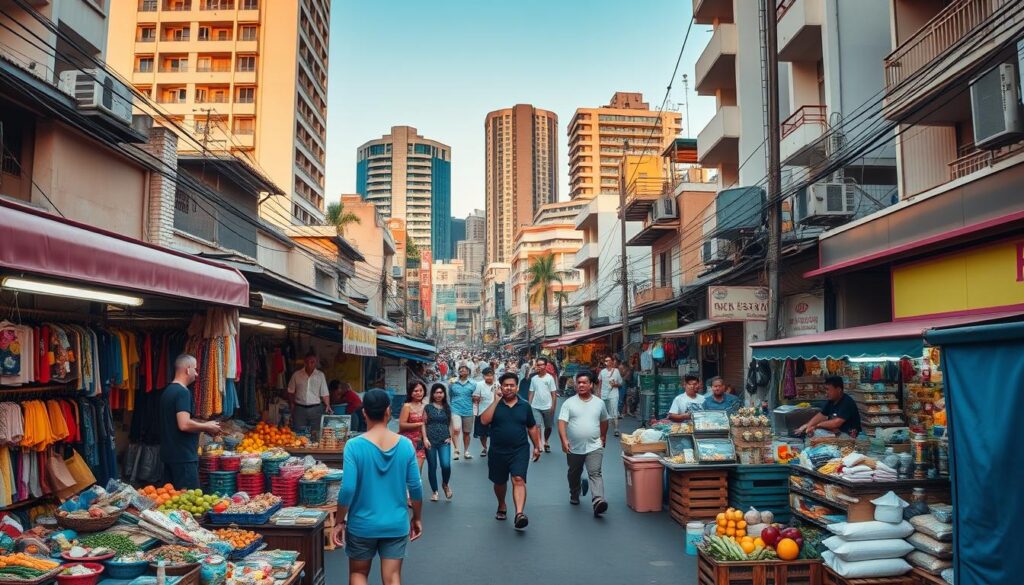 A bustling street scene in the heart of the Philippines, showcasing a variety of side hustles and entrepreneurial activities. In the foreground, a vibrant open-air market with vendors selling an array of handmade crafts, local produce, and street food. In the middle ground, small businesses such as repair shops, food stalls, and corner stores line the streets, each contributing to the diverse economic landscape. In the background, a mix of modern and traditional architecture provides a visually striking backdrop, bathed in warm, golden-hour lighting that casts a soft, inviting glow over the entire scene. The image conveys a sense of energy, opportunity, and the entrepreneurial spirit that drives the Filipino people to supplement their primary incomes with creative side hustles. A bustling street scene in the heart of the Philippines, showcasing a variety of side hustles and entrepreneurial activities. In the foreground, a vibrant open-air market with vendors selling an array of handmade crafts, local produce, and street food. In the middle ground, small businesses such as repair shops, food stalls, and corner stores line the streets, each contributing to the diverse economic landscape. In the background, a mix of modern and traditional architecture provides a visually striking backdrop, bathed in warm, golden-hour lighting that casts a soft, inviting glow over the entire scene. The image conveys a sense of energy, opportunity, and the entrepreneurial spirit that drives the Filipino people to supplement their primary incomes with creative side hustles.