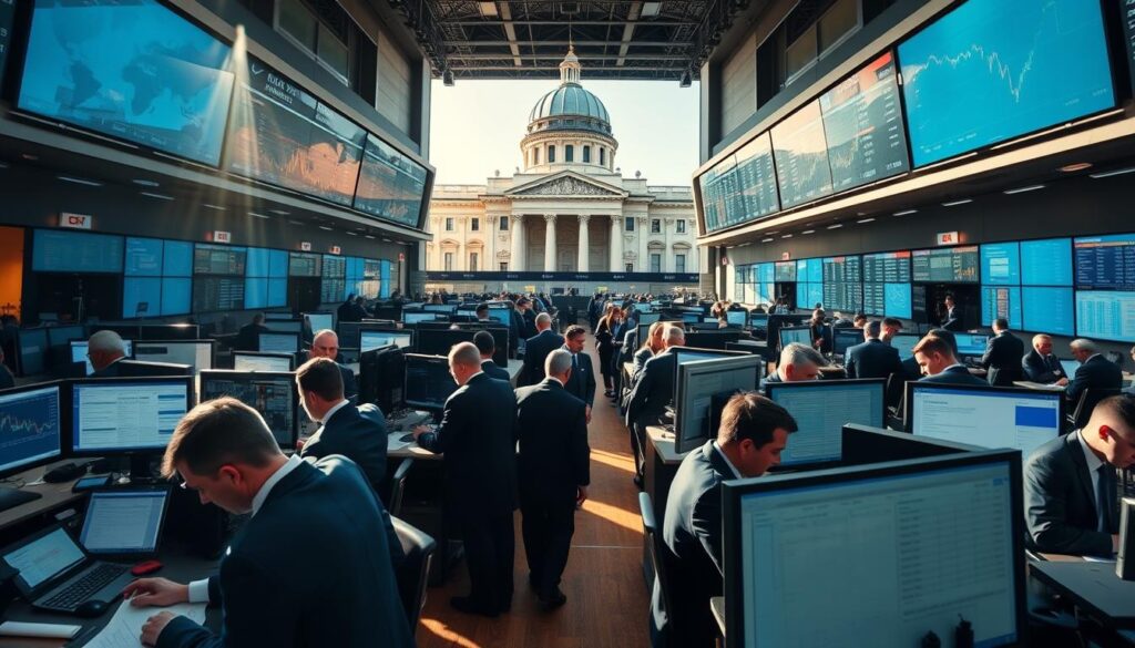 A bustling trading floor of the Belgrade Stock Exchange, with brokers in crisp suits intently studying computer screens and charts. The atmosphere is tense, yet focused, as they make split-second decisions to buy and sell stocks. Sunlight streams in through large windows, casting a warm glow on the trading desks. In the background, the iconic domed roof of the exchange building is visible, a symbol of Serbia's financial heart. The scene conveys the excitement and challenges of navigating the stock market, as traders strive to capitalize on market fluctuations and grow their investments. A bustling trading floor of the Belgrade Stock Exchange, with brokers in crisp suits intently studying computer screens and charts. The atmosphere is tense, yet focused, as they make split-second decisions to buy and sell stocks. Sunlight streams in through large windows, casting a warm glow on the trading desks. In the background, the iconic domed roof of the exchange building is visible, a symbol of Serbia's financial heart. The scene conveys the excitement and challenges of navigating the stock market, as traders strive to capitalize on market fluctuations and grow their investments.