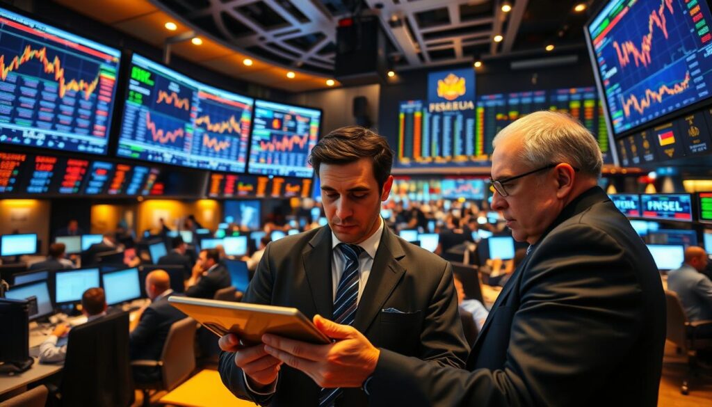 A bustling trading floor with brokers and analysts intently studying stock charts and financial data displayed on large screens. Warm lighting casts a focused, professional atmosphere as traders make decisive gestures, engaged in lively discussions. In the foreground, a trader closely examines a tablet, processing real-time market information. Behind them, a panoramic view of the exchange's bustling activity, with traders seated at desks arrayed in neat rows. The scene conveys the high-stakes excitement and precision required for successful trading on the Serbian stock exchange. A bustling trading floor with brokers and analysts intently studying stock charts and financial data displayed on large screens. Warm lighting casts a focused, professional atmosphere as traders make decisive gestures, engaged in lively discussions. In the foreground, a trader closely examines a tablet, processing real-time market information. Behind them, a panoramic view of the exchange's bustling activity, with traders seated at desks arrayed in neat rows. The scene conveys the high-stakes excitement and precision required for successful trading on the Serbian stock exchange.