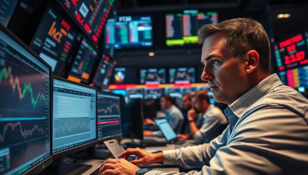 A bustling trading floor with multiple computer screens displaying real-time stock charts and financial data. In the foreground, a serious-faced trader intensely monitors the markets, fingers poised over the keyboard, ready to execute quick trades. The middle ground features other traders engaged in focused discussions, analyzing trends and formulating strategies. The background is dimly lit, with wall-mounted displays showcasing live market tickers and performance indicators. The overall atmosphere conveys a sense of high-stakes decision-making, strategic thinking, and the fast-paced nature of short-term trading.