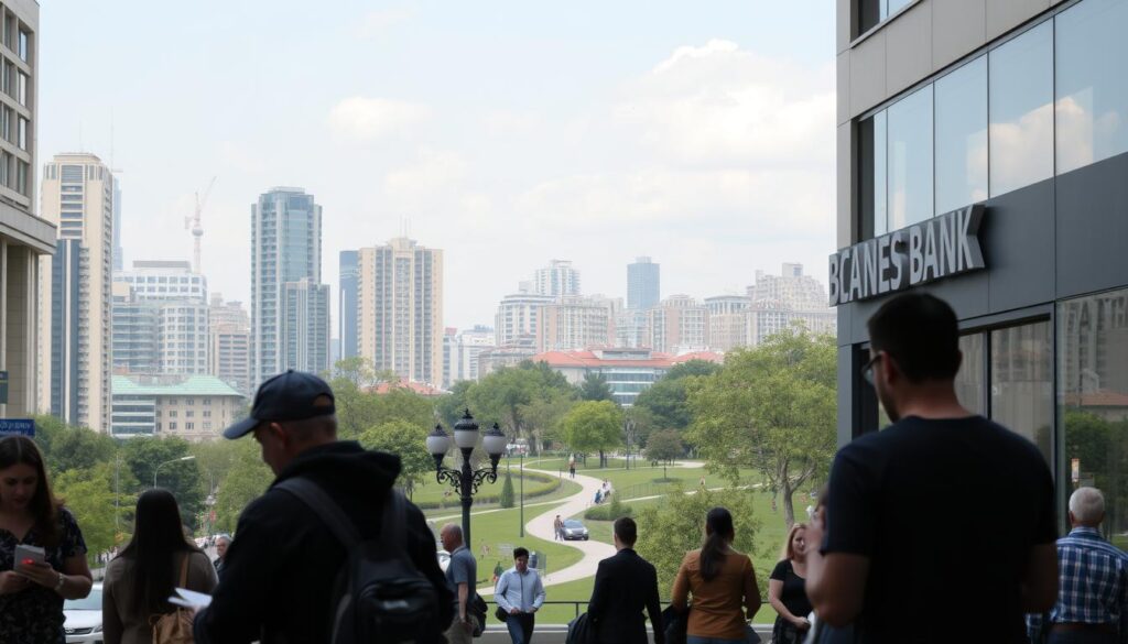 A bustling urban scene in Belgrade, Serbia, where the city's skyline is dotted with modern high-rises and traditional architecture. In the foreground, people go about their daily financial routines, depositing cash, checking balances, and discussing investment strategies. The middle ground features a prominent bank branch, its facade adorned with sleek signage and glass windows reflecting the surrounding activity. In the background, a serene park provides a tranquil respite, with lush greenery and a winding path inviting casual strollers. The overall mood is one of financial stability, personal responsibility, and a sense of community in the heart of the Serbian capital. A bustling urban scene in Belgrade, Serbia, where the city's skyline is dotted with modern high-rises and traditional architecture. In the foreground, people go about their daily financial routines, depositing cash, checking balances, and discussing investment strategies. The middle ground features a prominent bank branch, its facade adorned with sleek signage and glass windows reflecting the surrounding activity. In the background, a serene park provides a tranquil respite, with lush greenery and a winding path inviting casual strollers. The overall mood is one of financial stability, personal responsibility, and a sense of community in the heart of the Serbian capital.