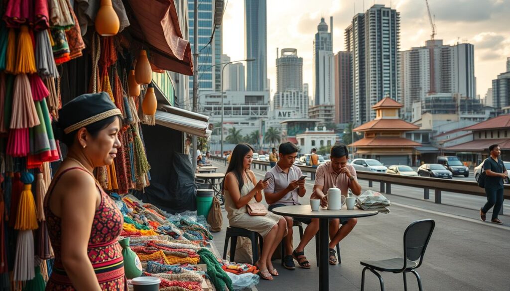 A bustling urban scene in the Philippines, showcasing the diverse array of side hustles that locals engage in to supplement their income. In the foreground, a street vendor selling an assortment of handcrafted goods, their stall adorned with vibrant textiles and vibrant colors. In the middle ground, a group of young entrepreneurs gathered around a small table, discussing business plans and strategies over steaming cups of coffee. In the background, the skyline is dominated by a mix of high-rise buildings and traditional Filipino architecture, bathed in the warm glow of the afternoon sun. The atmosphere is one of entrepreneurial spirit, with a sense of hustle and determination permeating the air. The scene is captured through a wide-angle lens, with a shallow depth of field to draw the viewer's attention to the details of the side hustles on display. A bustling urban scene in the Philippines, showcasing the diverse array of side hustles that locals engage in to supplement their income. In the foreground, a street vendor selling an assortment of handcrafted goods, their stall adorned with vibrant textiles and vibrant colors. In the middle ground, a group of young entrepreneurs gathered around a small table, discussing business plans and strategies over steaming cups of coffee. In the background, the skyline is dominated by a mix of high-rise buildings and traditional Filipino architecture, bathed in the warm glow of the afternoon sun. The atmosphere is one of entrepreneurial spirit, with a sense of hustle and determination permeating the air. The scene is captured through a wide-angle lens, with a shallow depth of field to draw the viewer's attention to the details of the side hustles on display.