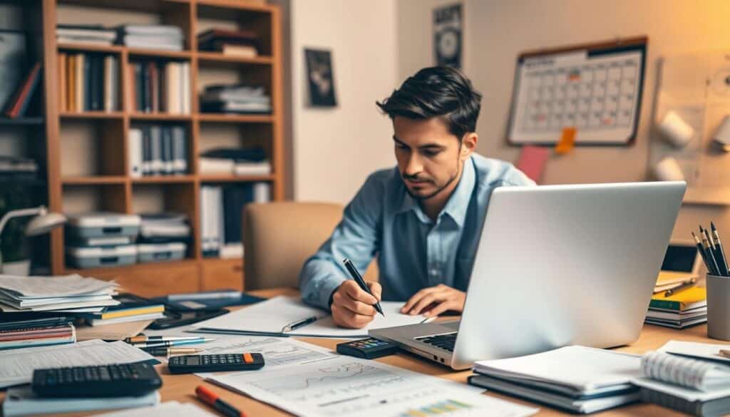 A busy home office scene with a person sitting at a desk, surrounded by neatly organized budgeting documents, calculators, and office supplies. The scene is bathed in warm, focused lighting, creating a productive and goal-oriented atmosphere. The person is deep in concentration, jotting down notes and reviewing financial data on a laptop screen. In the background, a well-stocked bookshelf and a calendar on the wall hint at the meticulous planning and attention to detail required for effective budget implementation. The overall composition conveys a sense of control, efficiency, and a commitment to financial responsibility.