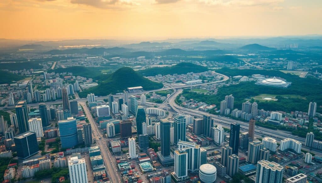 A captivating aerial view of the Thai economic landscape, rendered with a blend of dynamism and precision. In the foreground, a vibrant cityscape bustles with activity, reflecting the pulse of Thailand's financial heart. The middle ground showcases the diverse industries and sectors that drive the nation's economy, from gleaming skyscrapers to sprawling manufacturing hubs. In the distance, a panoramic vista of rolling hills and lush greenery symbolizes the untapped potential and resilience of the Thai economy. The scene is bathed in a warm, golden light, evoking a sense of optimism and growth. Subtle visual cues, such as stock market tickers and trade routes, hint at the intricate web of factors shaping the country's economic future.