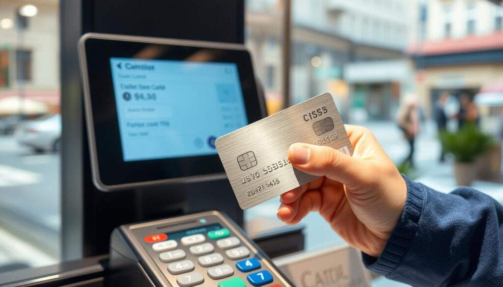 A card being used for a contactless payment at a cash register in a foreign country. The card is held up to a payment terminal in the foreground, while in the background there is a display showing the transaction details and a muted scenery of a city street outside the shop. The lighting is bright and clear, capturing the sleek metallic texture of the card and the crisp digital display. The overall mood is one of efficiency and convenience, highlighting the ease of using the card for international transactions. A card being used for a contactless payment at a cash register in a foreign country. The card is held up to a payment terminal in the foreground, while in the background there is a display showing the transaction details and a muted scenery of a city street outside the shop. The lighting is bright and clear, capturing the sleek metallic texture of the card and the crisp digital display. The overall mood is one of efficiency and convenience, highlighting the ease of using the card for international transactions.