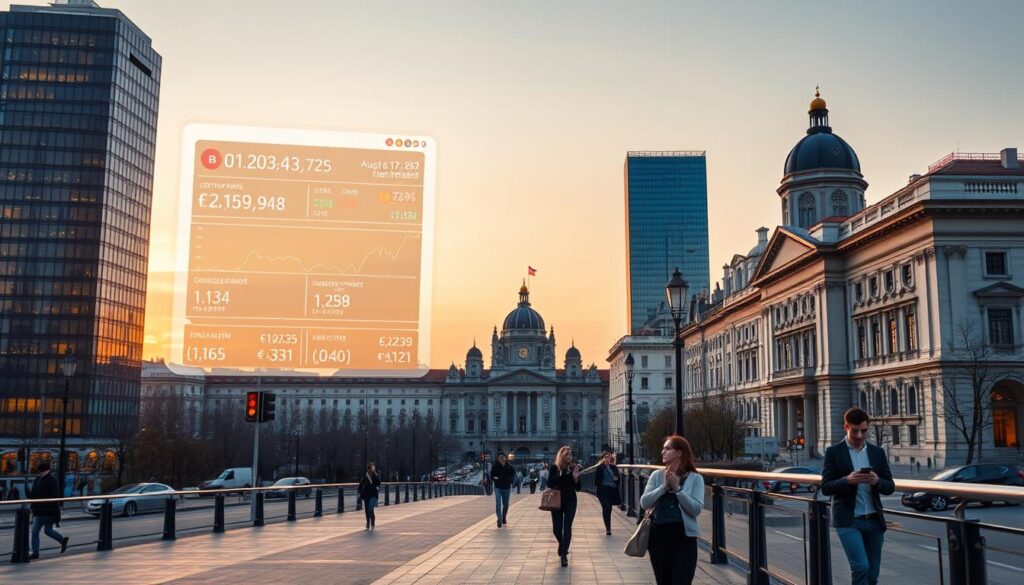 A cityscape of Belgrade, Serbia, at dusk. In the foreground, a stylized digital financial dashboard is projected onto a modern glass-and-steel skyscraper, displaying currency exchange rates, stock market indexes, and transaction histories. The middle ground features people hurrying along the sidewalks, smartphones in hand, engaged in mobile banking and payments. In the background, the historic architecture of the city blends with cutting-edge technological infrastructure, symbolizing the integration of traditional finance and digital transformation. Warm sunset hues cast a soft glow over the scene, creating a serene and prosperous atmosphere. The composition emphasizes the seamless transition from physical to digital financial management in the Serbian capital. A cityscape of Belgrade, Serbia, at dusk. In the foreground, a stylized digital financial dashboard is projected onto a modern glass-and-steel skyscraper, displaying currency exchange rates, stock market indexes, and transaction histories. The middle ground features people hurrying along the sidewalks, smartphones in hand, engaged in mobile banking and payments. In the background, the historic architecture of the city blends with cutting-edge technological infrastructure, symbolizing the integration of traditional finance and digital transformation. Warm sunset hues cast a soft glow over the scene, creating a serene and prosperous atmosphere. The composition emphasizes the seamless transition from physical to digital financial management in the Serbian capital.