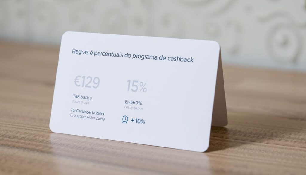 A clean, crisp image depicting the "Regras e percentuais do programa de cashback" for the WiZink Flex card. The foreground features a modern, minimalist display showcasing the key cashback rates and terms in a sleek, typographic layout. The middle ground has subtle graphical elements like currency symbols and percentage icons to visually reinforce the financial nature of the content. The background is a softly blurred, textured surface providing a professional, high-quality backdrop. The overall composition and lighting create a balanced, elegant aesthetic befitting the financial services subject matter. A clean, crisp image depicting the "Regras e percentuais do programa de cashback" for the WiZink Flex card. The foreground features a modern, minimalist display showcasing the key cashback rates and terms in a sleek, typographic layout. The middle ground has subtle graphical elements like currency symbols and percentage icons to visually reinforce the financial nature of the content. The background is a softly blurred, textured surface providing a professional, high-quality backdrop. The overall composition and lighting create a balanced, elegant aesthetic befitting the financial services subject matter.