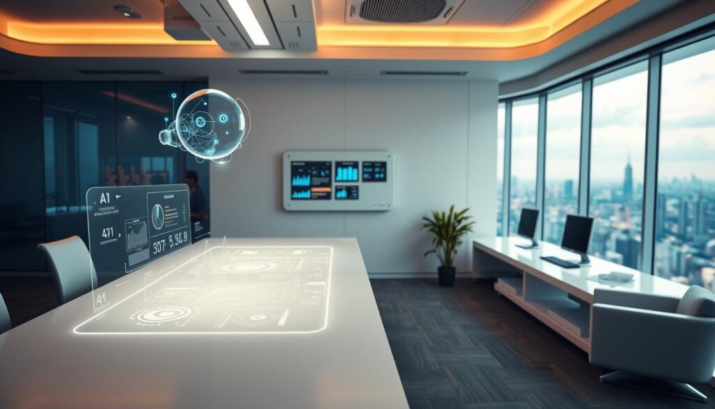 A clean, futuristic office interior with sleek automation and AI-powered technology. In the foreground, a minimalist white desk with a holographic display showcasing data visualizations and smart analytics. Floating above the desk, an AI assistant projects information and recommendations. In the middle ground, a wall-mounted control panel with touchscreen interfaces manages various automated systems. The background features floor-to-ceiling windows overlooking a vibrant cityscape, with subtle neon accents reflecting the advanced technological landscape. Warm, ambient lighting and a sense of seamless integration between humans and AI create an efficient, productive atmosphere.