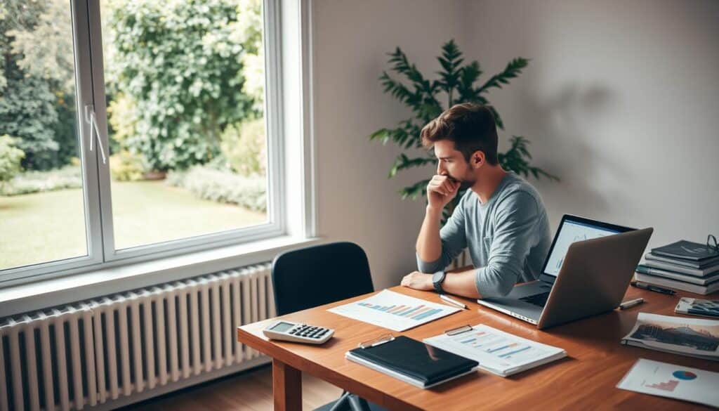 A clean, minimalist home office with a wooden desk and a large window overlooking a lush green garden. On the desk, various financial documents, a calculator, and a laptop displaying charts and graphs. Soft, natural lighting filters in, creating a warm and serene atmosphere. In the foreground, a person in casual attire sits at the desk, deep in thought, carefully reviewing their personal financial information. The scene conveys a sense of organization, control, and financial well-being.
