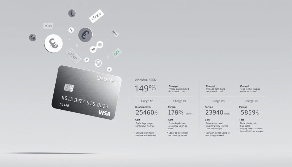 A clean, minimalist illustration showcasing the key costs, fees, and economic conditions associated with the Carta Nexi. In the foreground, a sleek Carta Nexi debit card cast in metallic tones, partially obscured by a dynamic arrangement of currency symbols, percentages, and numerical data floating in mid-air. The middle ground features a series of neatly organized infographic elements detailing the card's annual fee, transaction charges, and any other relevant financial details. The background is a subtle gradient, allowing the focal points to stand out with clarity and focus. The overall aesthetic conveys a sense of professionalism, transparency, and attention to the important financial considerations for this product. A clean, minimalist illustration showcasing the key costs, fees, and economic conditions associated with the Carta Nexi. In the foreground, a sleek Carta Nexi debit card cast in metallic tones, partially obscured by a dynamic arrangement of currency symbols, percentages, and numerical data floating in mid-air. The middle ground features a series of neatly organized infographic elements detailing the card's annual fee, transaction charges, and any other relevant financial details. The background is a subtle gradient, allowing the focal points to stand out with clarity and focus. The overall aesthetic conveys a sense of professionalism, transparency, and attention to the important financial considerations for this product.