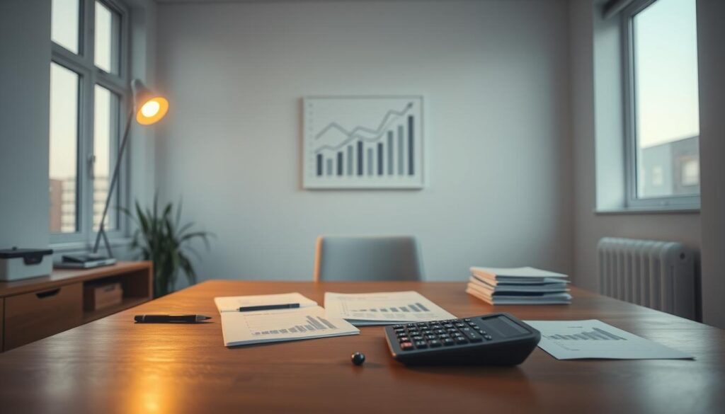 A clean, minimalist office interior with a wooden desk, neatly organized papers, and a stylized calculator. Indirect lighting from large windows casts a warm, focused glow on the desk, highlighting the budgeting materials. In the background, a simple, geometric wall art piece depicting financial graphs and charts in a muted color palette. The overall atmosphere is one of productivity, efficiency, and thoughtful financial planning.