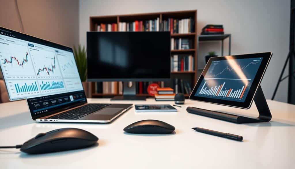 A clean, minimalist workspace with sleek data analysis tools arranged neatly. In the foreground, a state-of-the-art laptop displays intricate financial charts and graphs. Beside it, an ergonomic mouse and a modern keyboard await user interaction. The middle ground features an array of advanced devices - a high-resolution monitor, a cutting-edge tablet, and a professional-grade stylus. In the background, a bookshelf houses a collection of finance and investment books, casting a warm, productive ambiance. The lighting is soft and indirect, creating a focused, serene atmosphere for in-depth market research and data-driven decision-making.
