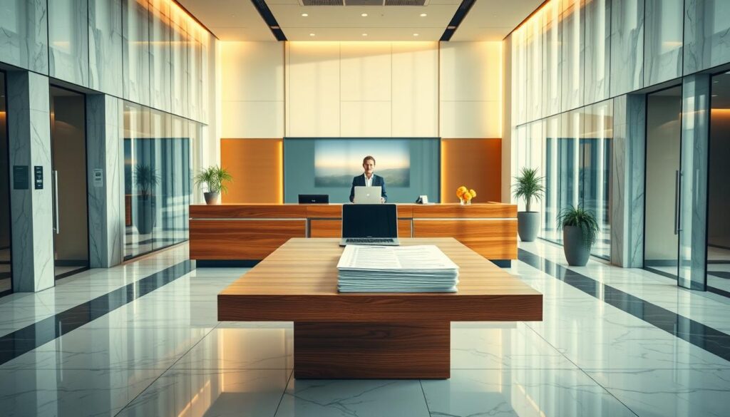 A clean, modern banking hall with sleek marble floors and floor-to-ceiling glass walls, bathed in warm, natural lighting. In the center, a large, elegant wooden desk with a laptop and a stack of documents, representing the "kredīta nosacījumi" or loan terms and conditions. Behind the desk, a professional-looking bank employee stands ready to assist the customer. The overall mood is one of efficiency, trust, and transparency, reflecting the "Iegūstiet Jūsu Bankas Kredītu Ātri un Viegli" theme.
