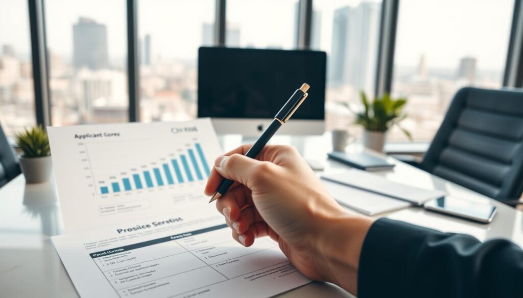 A clean, modern office space with a desk, computer, and financial documents. In the foreground, a hand holds a pen, ready to fill out a credit card application form. The middle ground features a graph or chart visualizing credit scores and creditworthiness. The background showcases a cityscape through large windows, conveying a sense of financial opportunity and growth. The lighting is soft and natural, creating a professional yet approachable atmosphere. The overall scene communicates the process of applying for a credit card and the importance of understanding one's creditworthiness.