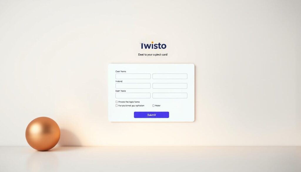 A clean, modern online application form for the Twisto credit card fills the center of the frame, set against a minimalist white background. The form features clearly labeled input fields, intuitive navigation, and a prominent "Submit" button. Warm, muted lighting casts a soft glow, creating a welcoming atmosphere. The overall layout is balanced and visually appealing, reflecting the simplicity and user-friendliness of the Twisto online application process. The image conveys a sense of professionalism and efficiency, perfectly aligning with the article's subject matter.
