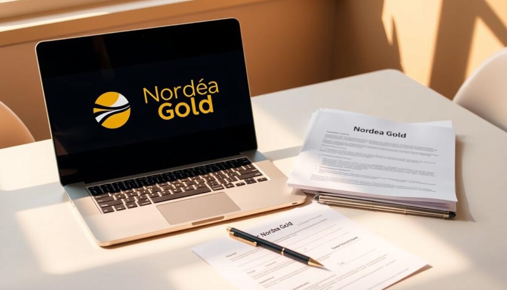 A clean, well-designed desktop with a laptop, pen, and documents illustrating the Nordea Gold application process for students. The laptop screen displays the Nordea Gold logo and header, with a form or document open. Warm, natural lighting casts a golden glow, reflecting the "Nordea Gold" branding. The composition is balanced, with the application materials taking center stage against a minimalist, uncluttered background. The overall mood is professional, informative, and welcoming, inviting the viewer to explore the details of the Nordea Gold student application. A clean, well-designed desktop with a laptop, pen, and documents illustrating the Nordea Gold application process for students. The laptop screen displays the Nordea Gold logo and header, with a form or document open. Warm, natural lighting casts a golden glow, reflecting the "Nordea Gold" branding. The composition is balanced, with the application materials taking center stage against a minimalist, uncluttered background. The overall mood is professional, informative, and welcoming, inviting the viewer to explore the details of the Nordea Gold student application.