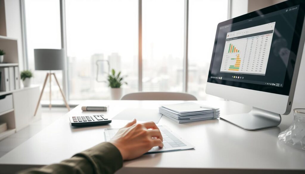 A clean, well-lit office interior with a desk, computer, and financial documents. In the foreground, a person's hands reviewing a spreadsheet on the screen. In the middle ground, a stack of neatly organized papers and a calculator. The background features minimalist decor, with a large window overlooking a cityscape. Soft, diffused lighting creates a calming, professional atmosphere. The overall scene conveys a sense of thoughtful financial analysis and personal finance management.