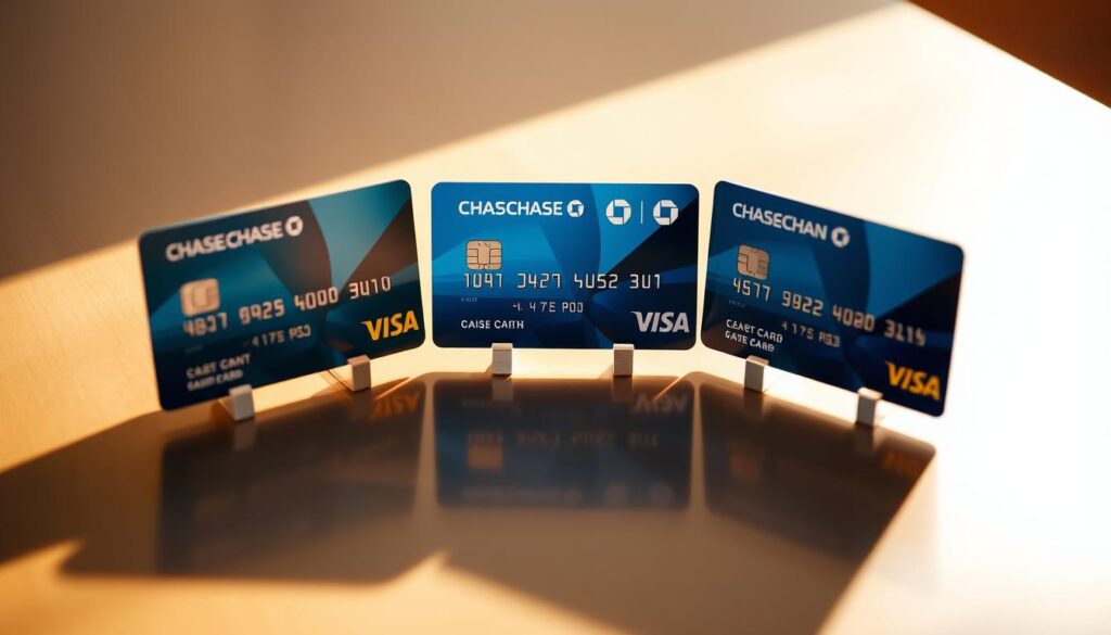 A clean, well-lit tabletop scene with three credit cards arranged side-by-side - the Chase Freedom card in the center, flanked by two similar cashback cards. The cards are positioned at a slight angle, casting subtle shadows on the smooth, reflective surface. The lighting is warm and diffused, creating a sense of depth and highlighting the details of the cards' designs. The background is a muted, neutral tone that allows the cards to be the focal point. The composition is balanced and visually appealing, inviting the viewer to compare and contrast the features of the different cashback cards.