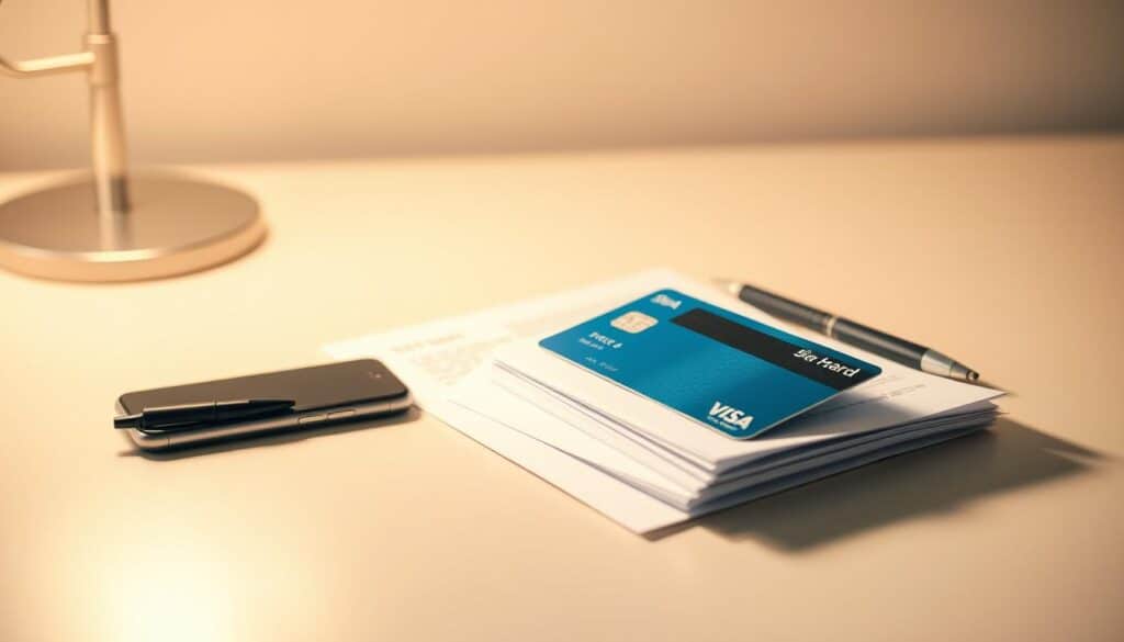 A clean, well-lit workspace with a neatly organized desk. On the desk, a smartphone, a pen, and a bank card resting on top of several official-looking documents. The scene is bathed in soft, warm lighting, creating a calming, focused atmosphere. In the background, a minimalist, neutral-toned wall serves as a clean backdrop, emphasizing the central elements. The overall composition suggests a step-by-step process of replacing a bank card, conveying a sense of professionalism and attention to detail.