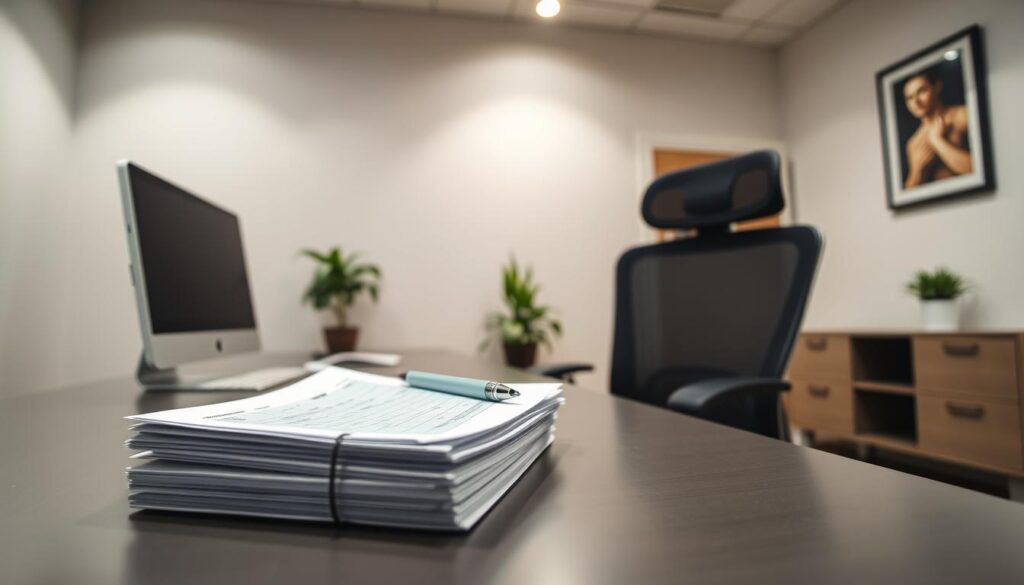 A clean, well-organized office space with a neatly arranged desk, showcasing responsible debt management. The foreground features a desktop computer, a stack of financial documents, and a pen resting on a ledger. The middle ground includes a modern, ergonomic office chair and a potted plant, creating a sense of balance and productivity. The background depicts neutral-toned walls, subtle lighting from overhead fixtures, and a framed artwork on the wall, conveying a professional and calming atmosphere. The overall scene exudes an air of financial discipline, organization, and control over one's financial obligations.