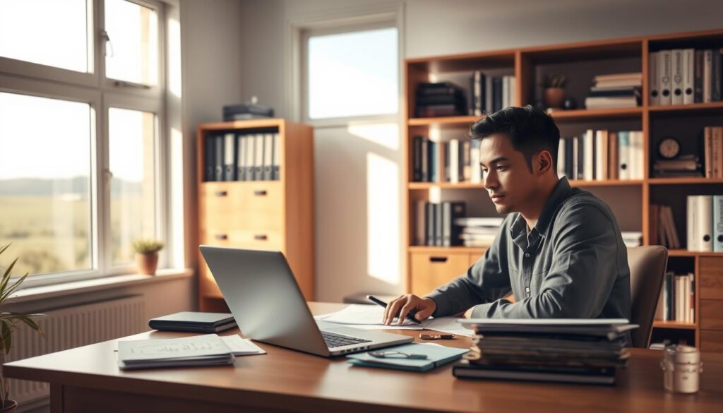 A clean, well-organized office space with a wooden desk, a laptop, and various financial documents neatly arranged. The lighting is soft and natural, creating a calming atmosphere. In the foreground, a person sits at the desk, deeply focused on managing their finances, with a contemplative expression. The middle ground features a bookshelf filled with finance-related books, and the background showcases a large window overlooking a serene outdoor landscape, hinting at the sense of control and peace that comes with effective debt management.