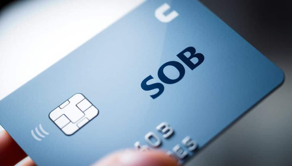 A close-up image of a ČSOB debit or credit card, featuring its chip and magnetic stripe. The card is held in a secure, well-lit environment, with a subtle blue and gray color palette. The card's surface has a tactile, high-quality feel, reflecting its premium nature. The card is angled slightly, showcasing its sleek design and reflecting the light to emphasize its robust construction. The overall mood is one of trustworthiness, reliability, and attention to detail, aligning with the theme of "Bezpečnostní doporučení při používání karty". A close-up image of a ČSOB debit or credit card, featuring its chip and magnetic stripe. The card is held in a secure, well-lit environment, with a subtle blue and gray color palette. The card's surface has a tactile, high-quality feel, reflecting its premium nature. The card is angled slightly, showcasing its sleek design and reflecting the light to emphasize its robust construction. The overall mood is one of trustworthiness, reliability, and attention to detail, aligning with the theme of "Bezpečnostní doporučení při používání karty".