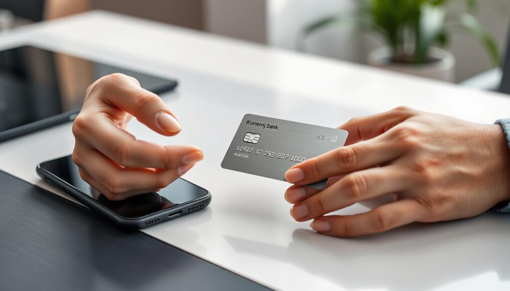A close-up shot of a person's hands activating a Komerční banka (KB) bank card on a sleek, modern desk. The card is made of stainless steel and has a minimalist, elegant design. The hands are carefully positioning the card, with a smartphone nearby, indicating the digital activation process. The scene is well-lit, with soft, directional lighting from the side, casting subtle shadows and highlighting the textures of the materials. The background is blurred, creating a sense of focus on the essential elements of the card activation. The overall mood is one of efficiency, professionalism, and attention to detail, reflecting the importance of this step in the process of obtaining a KB bank card.