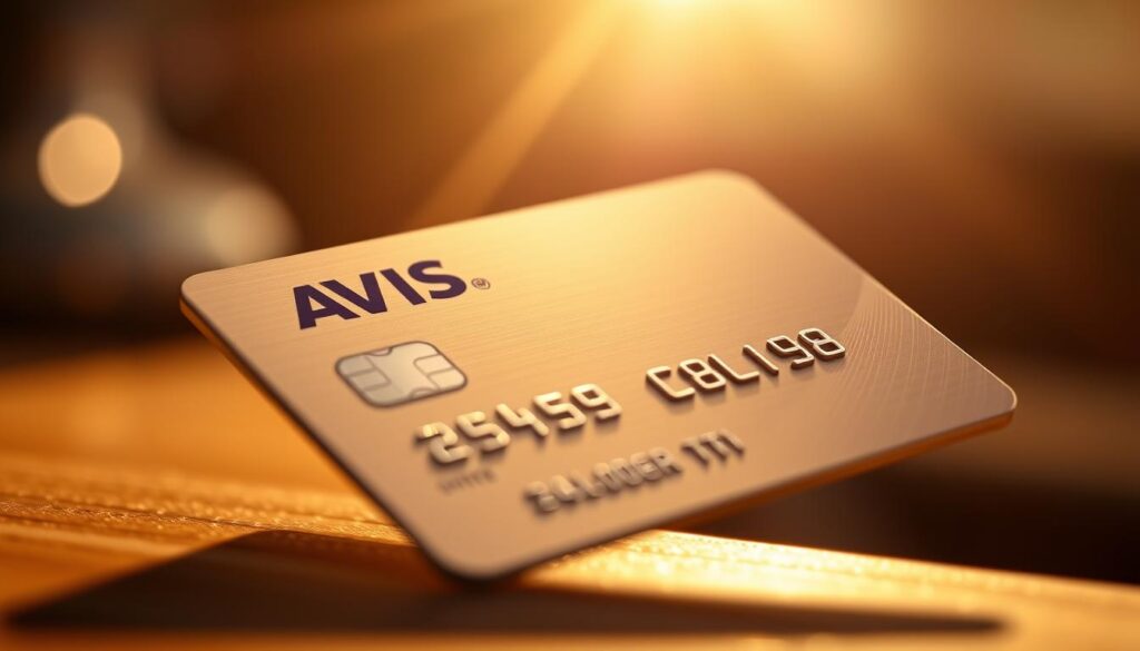 A close-up shot of the "Avis Carte Ultim" credit card, captured in warm, natural lighting. The card is positioned diagonally, revealing its sleek, metallic design with subtle textured patterns. The background is blurred, creating a sense of depth and focus on the card. The composition highlights the card's premium aesthetics, conveying a sense of exclusivity and luxury. The overall mood is sophisticated and aspirational, reflecting the high-end nature of the "Carte Ultim" product.