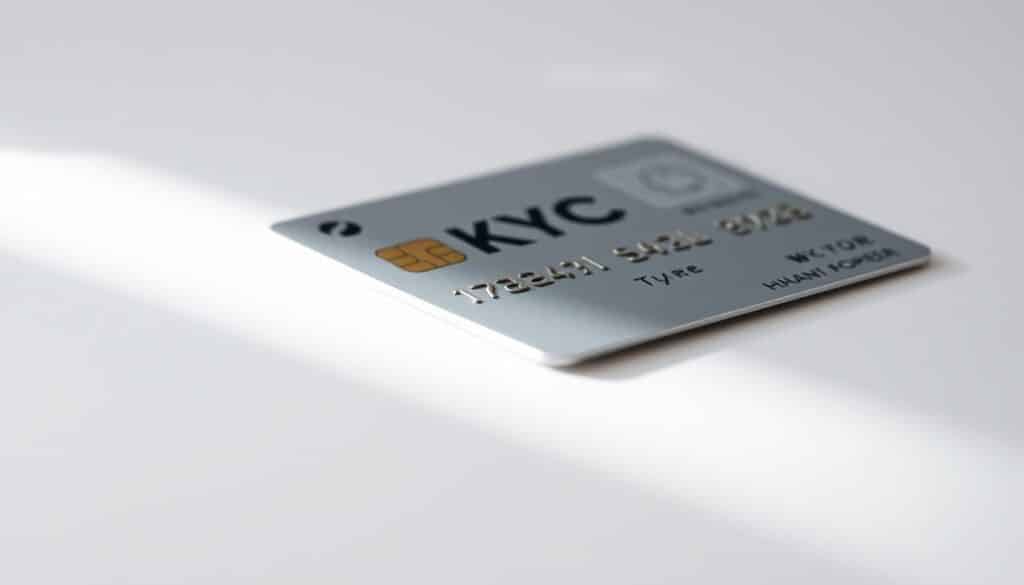 A close-up view of a KYC prepaid card, its surface reflecting a soft, diffuse light. The card is positioned on a clean, minimalist background, allowing the details to stand out. The card's edges are crisp, and the matte finish creates a tactile, premium feel. The card's logo and design elements are prominently displayed, conveying a sense of trust and security. The overall composition is clean, elegant, and focused, capturing the essence of the KYC verification process for a prepaid card.
