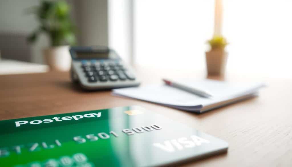 A close-up view of a Postepay Evolution card, shot with a high-quality macro lens in soft, natural lighting. The card is positioned in the foreground, with a blurred financial calculator and documents in the middle ground, hinting at the topic of fees and commissions. The background is a muted, professional office environment, conveying a sense of financial responsibility and attention to detail. The image should have a clean, minimalist aesthetic, with a focus on the key elements that represent the article's subject matter. A close-up view of a Postepay Evolution card, shot with a high-quality macro lens in soft, natural lighting. The card is positioned in the foreground, with a blurred financial calculator and documents in the middle ground, hinting at the topic of fees and commissions. The background is a muted, professional office environment, conveying a sense of financial responsibility and attention to detail. The image should have a clean, minimalist aesthetic, with a focus on the key elements that represent the article's subject matter.