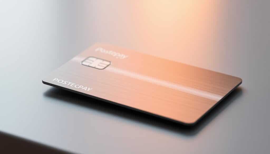 A close-up view of a contactless Postepay Evolution debit card, featuring a minimalist and modern design with a sleek metallic finish. The card is resting on a smooth, reflective surface, casting a subtle shadow beneath it. The card's surface is illuminated by a warm, directional light source, highlighting the clean lines and subtle textures of the design. The background is slightly blurred, creating a sense of depth and focus on the card itself. The overall mood is one of sophistication, simplicity, and technological innovation, reflecting the advanced features and capabilities of the Postepay Evolution card.