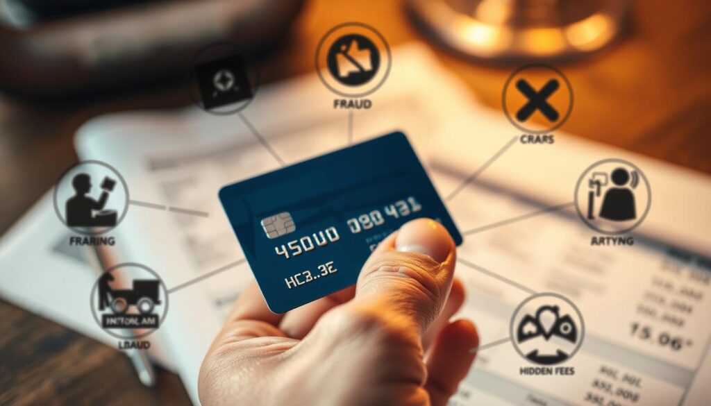 A close-up view of a person's hand holding a credit card, with various common credit card issues visually represented around the card. In the background, a blurred financial document or statement serves as a context. The lighting is soft and warm, with gentle shadows highlighting the textures and details. The composition emphasizes the centrality of the credit card, while the surrounding elements convey the common problems associated with its use, such as fraud, overspending, missed payments, or hidden fees. The overall mood is one of contemplation and awareness, guiding the viewer to consider the importance of responsible credit card management.
