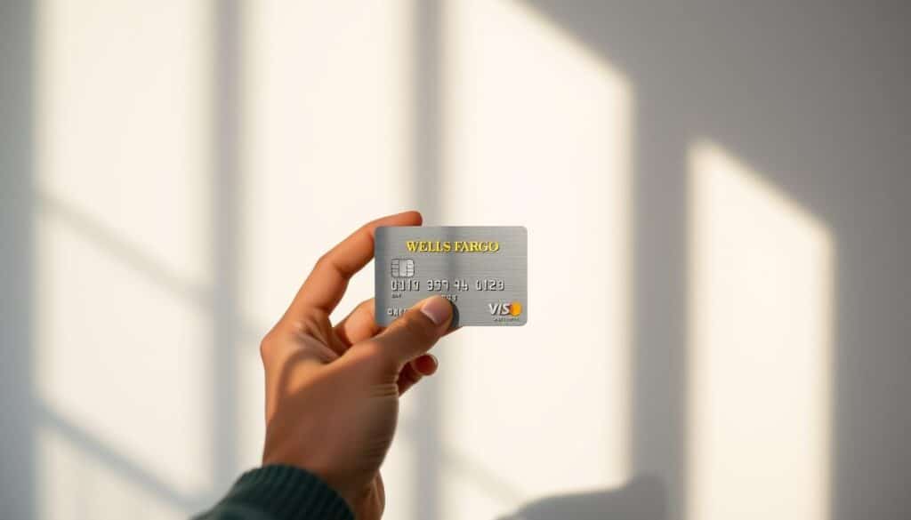 A close-up view of a person's hand holding a sleek, metallic Wells Fargo Active Cash credit card against a clean, minimalist background. The card is centered in the frame, casting a subtle reflection that highlights its modern design. The lighting is soft and directional, creating a sense of depth and dimension. The overall mood is one of sophistication and efficiency, capturing the essence of maximizing the benefits of the Active Cash card.