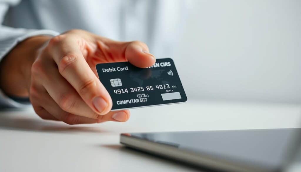 A close-up view of a person's hands holding and examining a debit card, with a clean, professional background. The card has a modern, minimalist design, showcasing its various security features and branding. The lighting is soft and diffused, creating a sense of clarity and attention to detail. The composition highlights the tactile experience of handling the card, emphasizing the careful and meticulous registration process. The overall mood is one of focus, professionalism, and attention to the specifics of this particular type of financial transaction.
